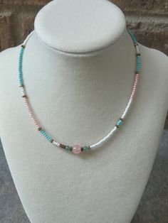 Pink dragon vein agate and aventurine complement this colorful seed bead necklace. White Seed Bead Necklace, Pink Dragon, Aventurine Stone, Dragon Vein Agate, Crystal Lake, Seed Bead Necklace, Beaded Necklaces, Bead Necklace, Seed Bead