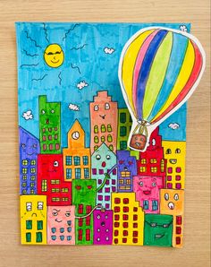 a drawing of a hot air balloon flying over a city