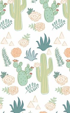 a cactus and flowers pattern on a white background with green trim around the edges,