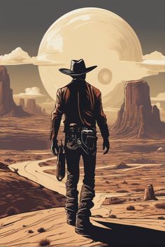 a man in a cowboy hat walking through the desert with an alien like landscape behind him