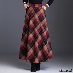 Olivia Mark - Chic Retro Plaid Midi Skirt with High Waist and Flattering A-Line Silhouette, Enhanced Durability Long Skirt Fall, Autumn Academia, Grid Skirt, Plus Size Kawaii, Retro Outfit, Minion Jokes, Plaid Wool Skirt, Midi Skirt Pattern, Ankle Length Skirt