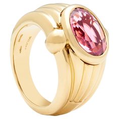 Vintage beautiful BULGARI Vintage Pink Tourmaline ring Circa 1980s 18ct yellow gold, set with an oval cut pink tourmaline of approximately 2.15 carats, signed Bulgari and numbered, stamped 750, Ring Sizes size K UK 5.25 US 50 European 14.8g. Condition Report: Bvlgari signature slightly fading due to ring being re-polished over the years. Ring in good condition, no visible marks or scratches. Luxury Pink Oval Topaz Ring, Classic Pink Ring With Polished Finish, Classic Pink Oval Topaz Ring, Oval Pink Topaz Ring For Formal Occasions, Classic Pink Oval Cabochon Ring, Vintage Bulgari, Bulgari Ring, Pink Tourmaline Ring, Tourmaline Ring