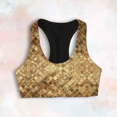 Golden Print Bra For Yoga, Sports Bra Women, Seamless Workout Top D E S C R I P T I O N Designed, printed, and sewn by hand in Miami, FL True to size Seamless Fully lined Elastic band Racerback  Recycled Buttery soft Medium support C A R E & D E T A I L S High-quality 4-way stretch shiny tricot 82% microfiber poly 18% spandex Machine wash warm Hang dry This fabric features a glitter imitation print, offering a shiny and vibrant look. While the sports bra appears bold and gorgeous, please note th Running Bra, Printed Bras, Womens Sports, Yoga Sports Bra, Racerback Bra, Sport Bh, Miami Fl, Bra Women, Zumba