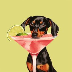 a black and brown dog sitting in front of a martini glass with a lime slice on it