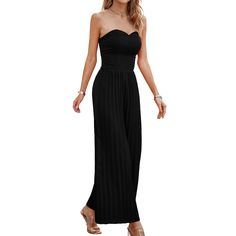 Black Smocked Tube Wide Leg Casual Jumpsuit Black Sleeveless Jumpsuits With Smocked Back, Black Smocked Bodice Jumpsuit For Spring, Black Smocked Bodice Jumpsuits And Rompers For Spring, Spring Black Jumpsuit With Smocked Back, Black Jumpsuits And Rompers With Smocked Back For Spring, Blue Jumpsuits Outfit, Jumpsuit Outfit Wedding, Pleated Jumpsuit, Jumpsuit Navy Blue