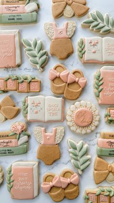 decorated cookies are displayed on a table