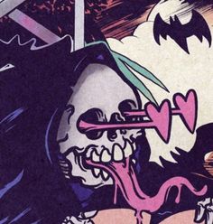 an image of a cartoon character holding a toothbrush in front of a skull and bats