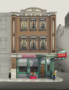 an image of a street corner with people walking by the storefront and coca cola advertisement on the building