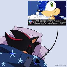 sonic the hedgehog is sleeping in bed with his head resting on someone's pillow