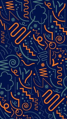 an abstract blue and orange background with numbers, symbols, and shapes in the style of doodles