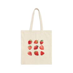 This 100% cotton bag comes in one size - 15" x 16"- perfect for everyday wear. While the canvas material will show off your designs in great colors, it's durable and will last for years. The bag features 20" handles (made from the same canvas), making it easy to carry even with a week's worth of shopping. .: 100% cotton canvas .: Heavy fabric (12 oz/yd² (406.9 g/m .: Sewn-in label Casual Rectangular Bag With Strawberry Print, Casual Strawberry Print Rectangular Bag, Casual Rectangular Strawberry Print Bags, Strawberry Print Tote Bag For Daily Use, Everyday Tote Bag With Strawberry Print, Daily Use Strawberry Print Tote Bag, Fruit Tote Bag, Garden Tote Bag, Berry Fruit