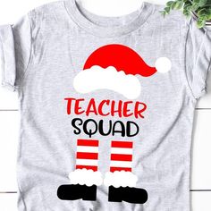 a t - shirt that says teacher squad with santa hat and leggings on it