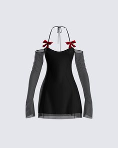 Pretty, and tempting ❤️ Do all the things you shouldn't in this black mini dress with halter straps, off-shoulder sleeves, and complete with a mesh overlay and bow detailing ✨ White Corset Dress, Floral Lace Skirt, Vegan Leather Skirt, Red Mini Skirt, Mesh Mini Dress, Selling Clothes, Fashion House, Stage Outfits, Kpop Outfits