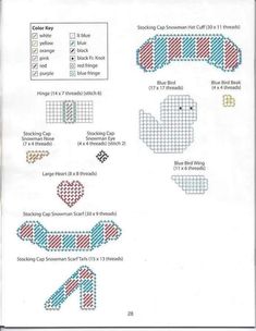 the cross stitch pattern is shown in blue, red and white