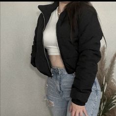 Black Cropped Puffer Jacket Back In Stock 2 Pockets Front Zipper Closure Cinched Waist Band These Do Run Small Because Of The Thickness Of The Jacket. Size Up If You Will Be Layering Clothes. Click On The Link In Bio For More Information Winter Jackets Women Black, Cute Crop Jacket, Black Zipup Jacket Outfit, Cute Black Jacket, Small Jacket Outfit, Casual Fitted Puffer Jacket With Zipper Closure, Casual Black Puffer Jacket With Zipper, Casual Black Puffer Jacket With Zip Fly, Black Puffer Jacket With Zipper For Spring