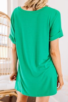 classic green v-neck tee Solid Color Tops For Summer, Green Tops For Layering, Green Solid Color Tops For Layering, Green T-shirt For Summer, V-neck T-shirt For Layering In Spring, V-neck T-shirt For Summer Layering, V-neck Short Sleeve Top For Summer, Green Summer Tops With Shirttail Hem, Versatile Green Top For Loungewear