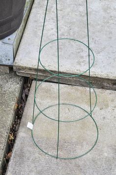 two metal circles sitting on top of cement next to a planter and trash can