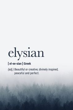 the words elysiann are written in black and white, with trees behind them