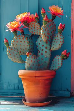 a potted cactus with pink and yellow flowers in front of a blue wooden door