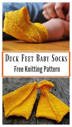 a baby sock with text that reads, duck feet baby socks free knitting pattern