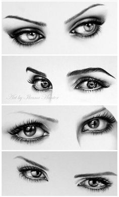 different types of eyes with long lashes and eyelashes on each side, all in black and white