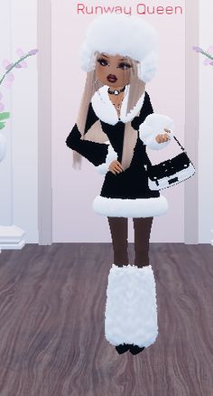 an animated image of a woman dressed in black and white clothing with fur on her head