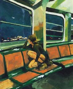 a painting of a person sitting on a train