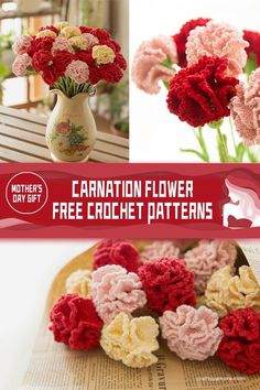 crochet flowers are arranged in vases on a table with the words, free crochet patterns