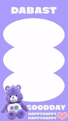 a purple teddy bear sitting in front of a white sign that says dabast