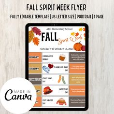 the fall spirit week flyer is displayed on an ipad