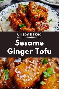 crispy baked sesame ginger tofu on a plate with rice and chopsticks