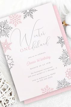 a pink and silver snowflake birthday party card with the words winter wonderland on it