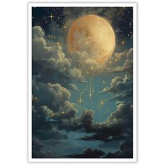 a painting of the night sky with stars and clouds in front of a full moon