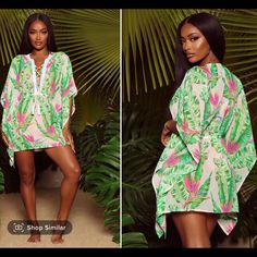 Fashion Nova- Love In Miami Swim Cover Up Dress S/M White/Combo Cover Up Dress Lace Up V-Neck Cinch Waist Kimono Sleeve 100% Polyester Trendy V-neck Swimwear For Vacation, Beachwear V-neck Tops With Tropical Print, Summer V-neck Cover-up With Tropical Print, Casual V-neck Cover-up For Party, Casual V-neck Party Cover-up, Trendy Beach Party Cover-up, Chic Multicolor V-neck Cover-up, Green V-neck Swimwear For Beach Cover-up, Chic V-neck Swimwear With Floral Print