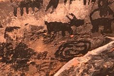 an image of some animals painted on the side of a rock