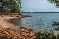 a sandy beach next to the water with trees on both sides and land in the background