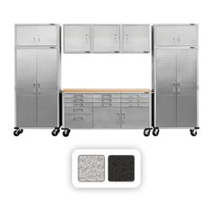 an image of a metal storage unit with two doors and three drawers on wheels, next to a white background