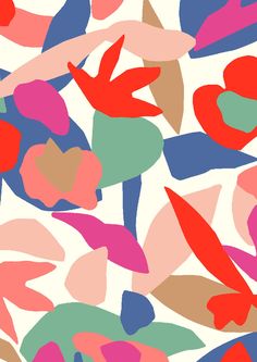 an abstract floral pattern in red, pink, blue and green