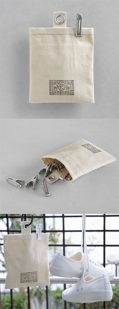 two pictures of an airplane hanging from a hook and another photo of a bag with a pair of keys attached to it