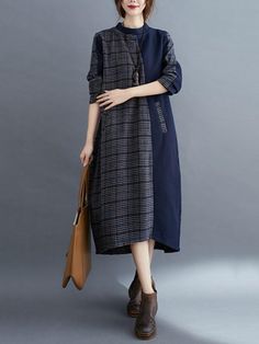 548168 Fall Workwear Dresses With Patchwork, Fall Patchwork Dresses For Workwear, Blue Cotton Dress For Fall, Blue Cotton Dresses For Fall, Casual Patchwork Midi Dress For Work, Casual Midi Dress With Patchwork For Work, Navy Long Sleeve Workwear Dress, Navy Long Sleeve Dress For Work, Blue Midi Dress For Workwear In Fall