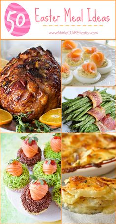 an easter meal with eggs, asparagus and hams on the side is featured in this collage