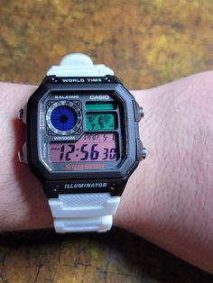 Brand New Custom Casio World Time AE-1200WH Watch -Blue, Green, and Pink Color Screen Mod -High Quality White Resin Rubber Watch Band Strap Strap Size: Strap Width: Interface Size 18mm, the Widest Position of the Strap is 25.5mm. Length: 135mm/80mm - Sent with Original Box with Owners Manual -ALL OF THESE WATCHES ARE CUSTOMIZED AND SHIPPED OUT BY ME. HANDLING TIME (FROM THE TIME OF PURCHASE TO WHEN IT IS SHIPPED MAY BE  3-5 BUSINESS DAYS DEPENDING ON VOLUME OF ORDERS)  -Thanks for Looking.... Now that's a Fire Watch! Casio World Time, Fire Watch, Pink Screen, Water Resistant Watch, Screen Color, Rubber Watches, Watch Band, Watch Bands, Pink Color