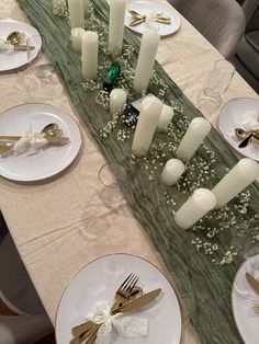 Dinner party decor Dining Table Party Decor, Dinner Decoration Ideas Table At Home, Dinner Table Decor With Candles, Green White Party Decorations, Bday Dinner Decorations, Decoration For Dinner Table, Diy Party Table Decor, Iftar Dinner Table, Fancy Birthday Dinner Table Settings