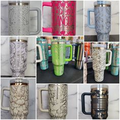 many different types of coffee mugs with designs on the inside and outside of them