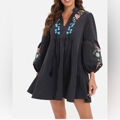 95 Cotton/5 Poly Dress With Embroidered Detail And Pockets. Size Xl But Will Also Fit Smaller Sizes Black Long Sleeve Embroidered Beach Dress, Casual Embroidered V-neck Dress, Fall Beach Embroidered Dress, Long Sleeve Floral Embroidered Dress For Vacation, Fall V-neck Embroidered Hem Dress, Fall Embroidered Hem V-neck Dress, Casual Embroidered Hem Dress For Fall, Casual Embroidered Dress With Hem Detail For Fall, Casual Floral Embroidered Dress