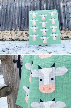 two quilts that have been made to look like farm animals on them, one is green and the other is white