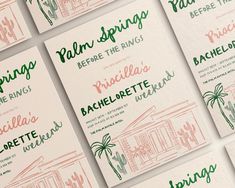 the wedding stationery was designed to look like they were hand - lettered with green and pink ink