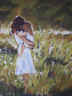 a painting of a girl hugging her mother in a field with tall grass and wildflowers