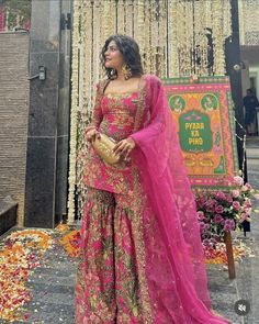 Shaddi Outfit Aesthetic, Groom’s Sister Outfit, Haldi Night Outfit, Wedding Suits Women Indian Bridal, Kritika Khurana Indian Outfits, New Sharara Design, Rokha Outfits, Floral Suits Women Indian, Shaadi Outfits Desi Wedding