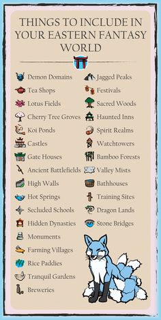 an info sheet with the words things to include in your eastern fantasy world on it